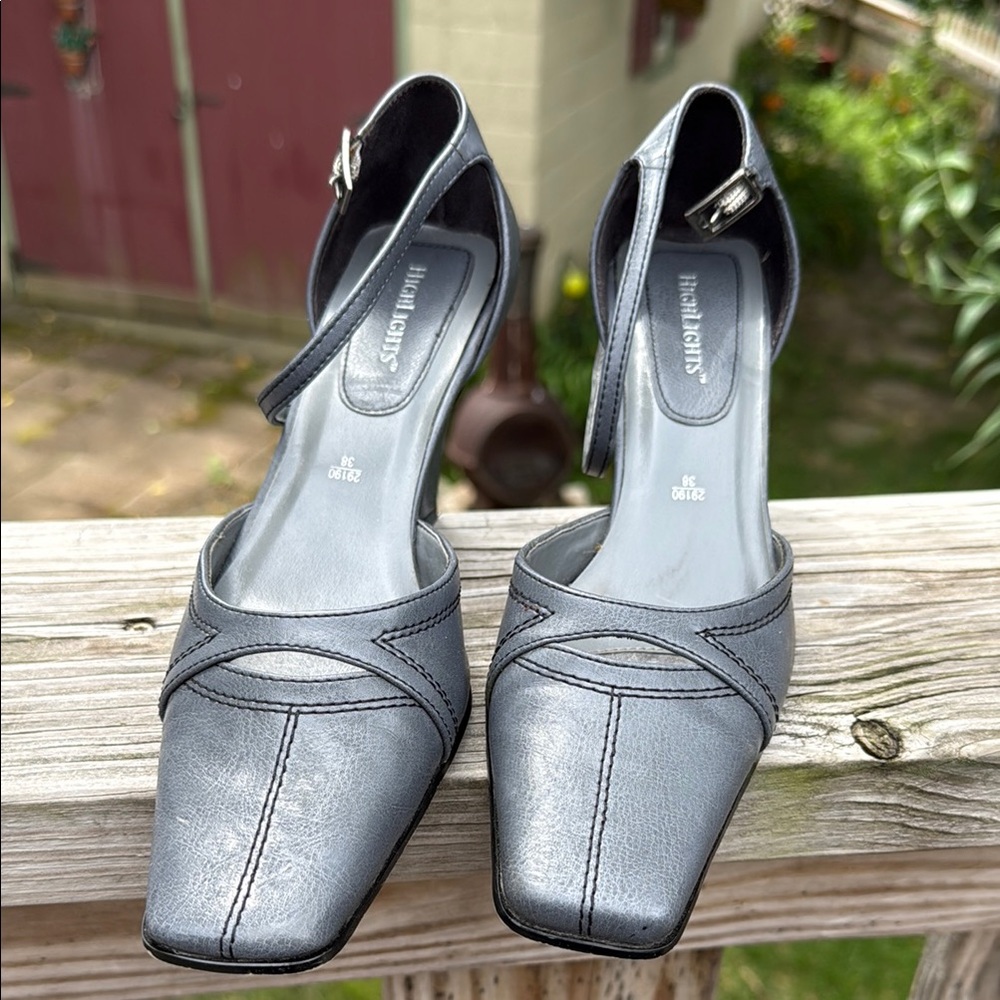 Elegant Gray Low Heel Square Toe Heels